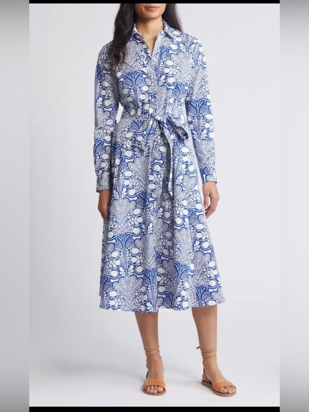 BODEN Blue Floral Long Sleeve Midi Belted Shirt Dress Size 14 - Picture 2 of 16